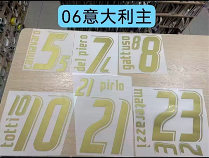 Italy 2006 Home (Golden) Football Nameset - Totti/Cannavaro/Pirlo/Del Piero/Materazzi/Gattuso (Repro)